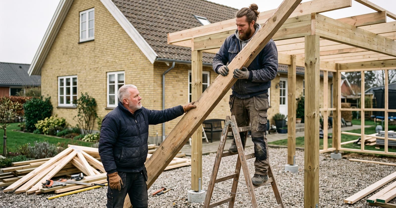To tømrere løfter en tagbjælke på plads på en ny carport