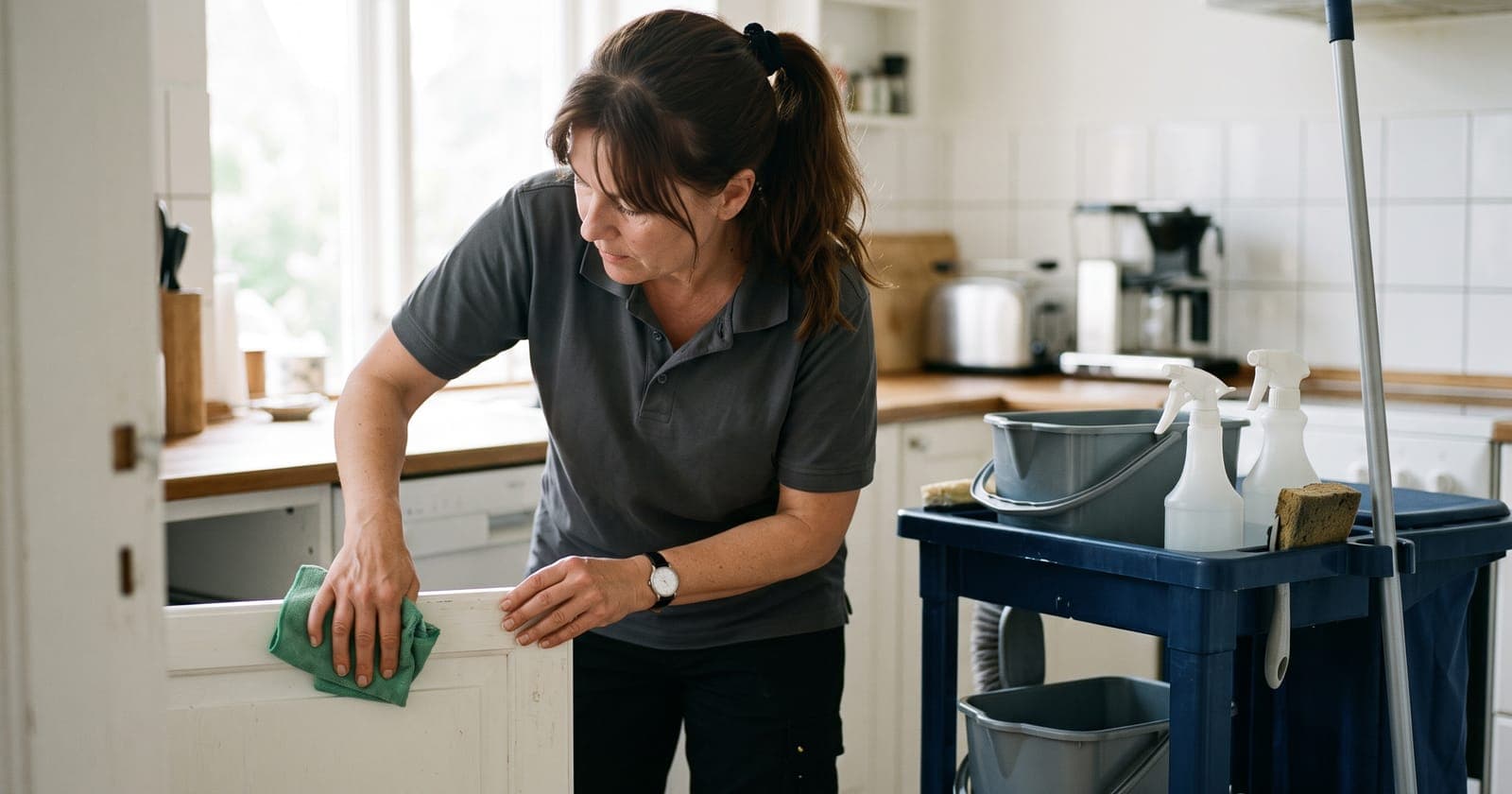 Rengøringsassistent gør køkkenet rent i et privat hjem