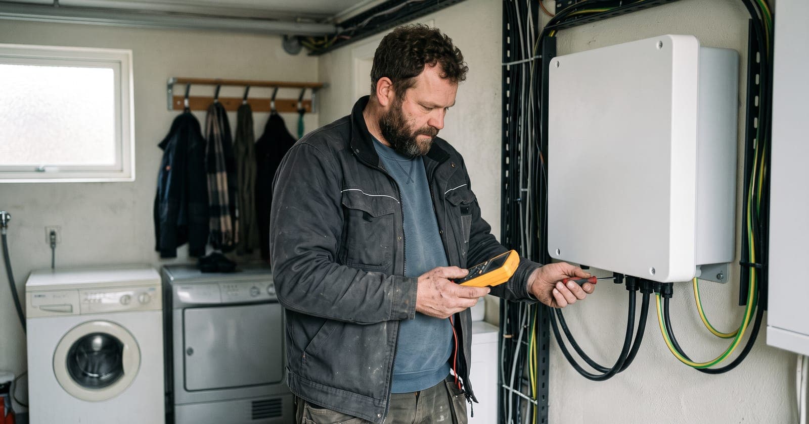 Elektriker tilslutter en inverter til solceller i et bryggers