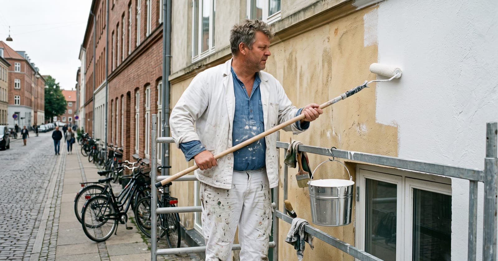 Maler ruller en pudset facade fra et stillads