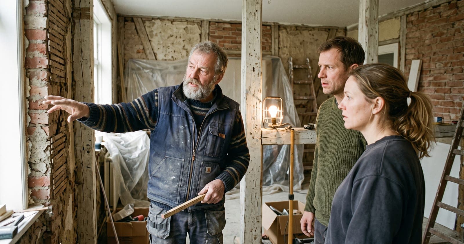 Byggemester viser et husejerpar et problem i en åbnet væg under renovering