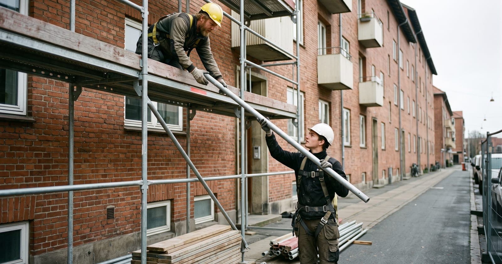 To stilladsmontører rejser stillads ved en muret facade