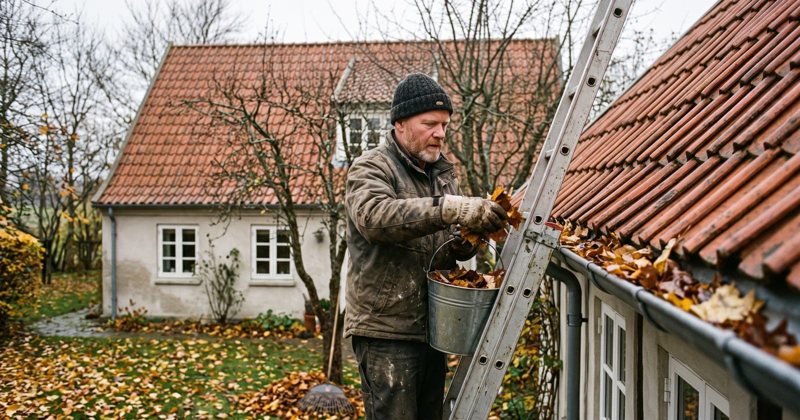 Håndværker renser tagrenden for blade en efterårsdag